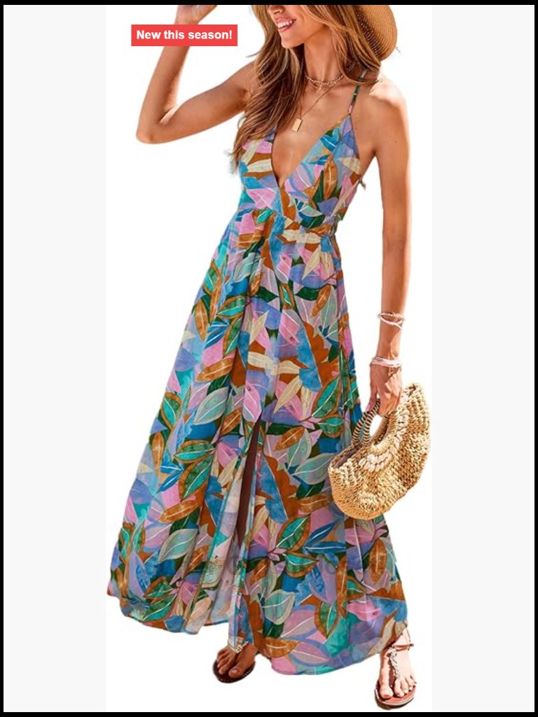Sleeveless Maxi Dress V-Neck Spaghetti Strap Flowy Boho Sundress